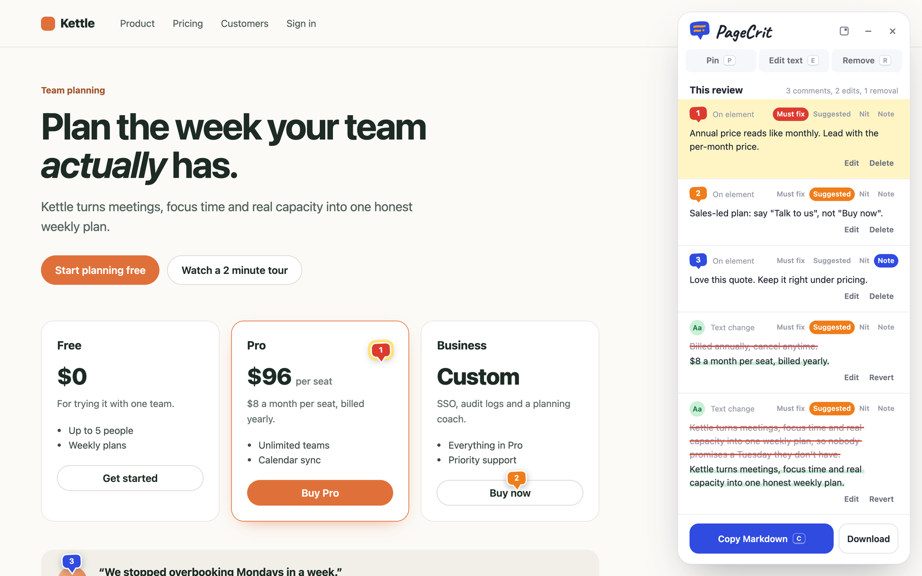A pricing page being reviewed: numbered comment pins on the Pro plan and the Business button, and the PageCrit panel listing comments, text edits and a removal with severity chips.