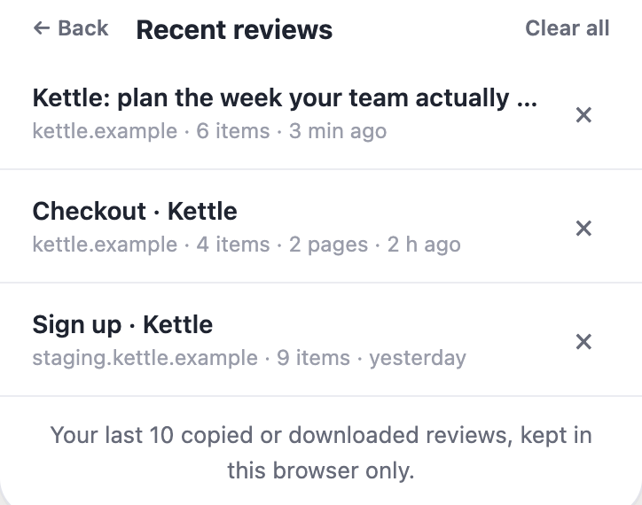 The panel's Recent reviews list: three earlier reviews, each with a delete button, and Clear all.