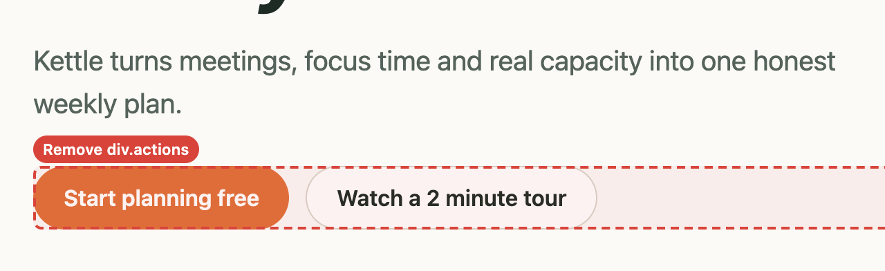 The hero buttons outlined in red with a Remove div.actions label.