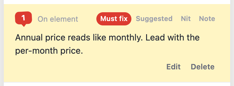 A review row with the Must fix chip selected.